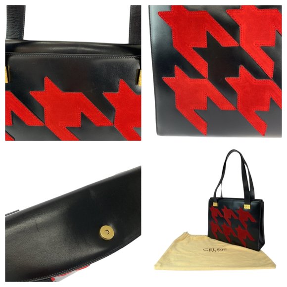 CELINE Vintage Sen Pattern Black Red Gold Hardware Leather Tote Bag - Picture 6 of 10